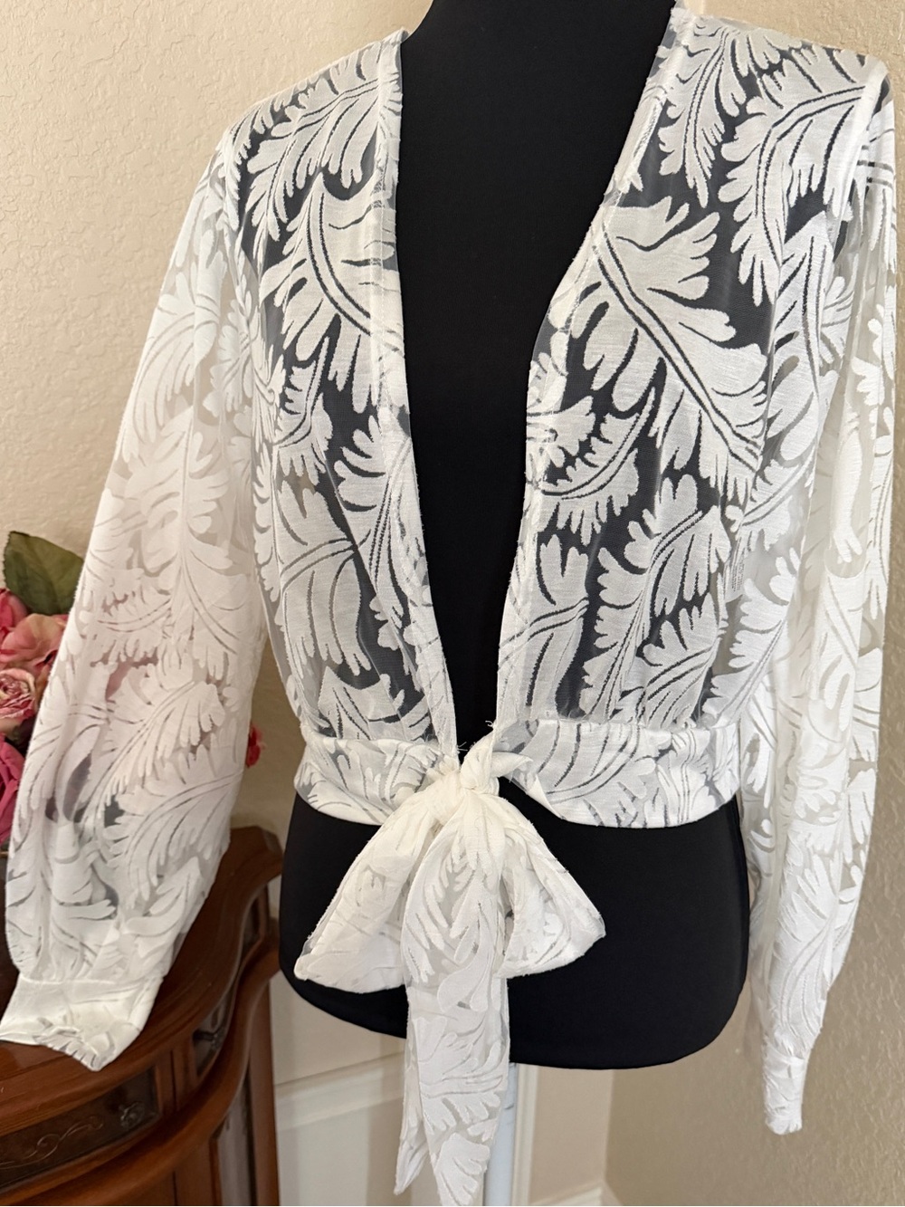 Sheer Textured Leaf-Pattern Tie-Front Blouse